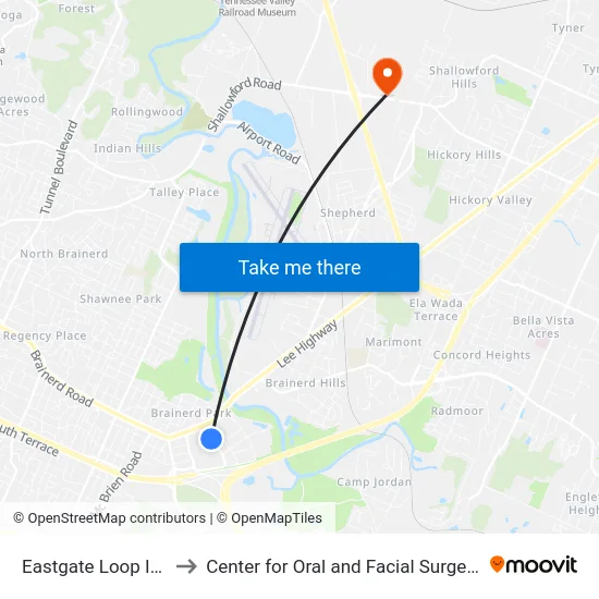 Eastgate Loop Ib 2nd Stop to Center for Oral and Facial Surgery of Chattanooga map