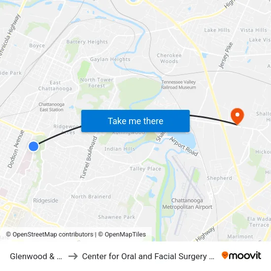 Glenwood & Laura-1 to Center for Oral and Facial Surgery of Chattanooga map