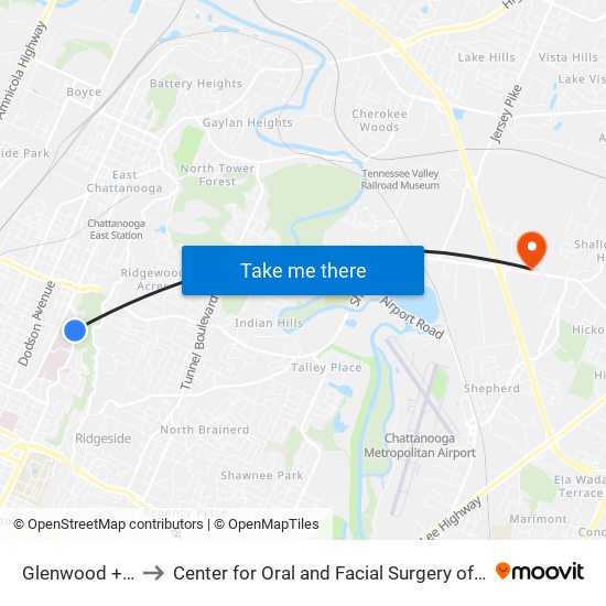 Glenwood + 1101 to Center for Oral and Facial Surgery of Chattanooga map