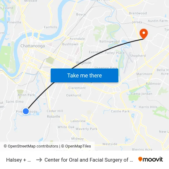 Halsey + Usher to Center for Oral and Facial Surgery of Chattanooga map