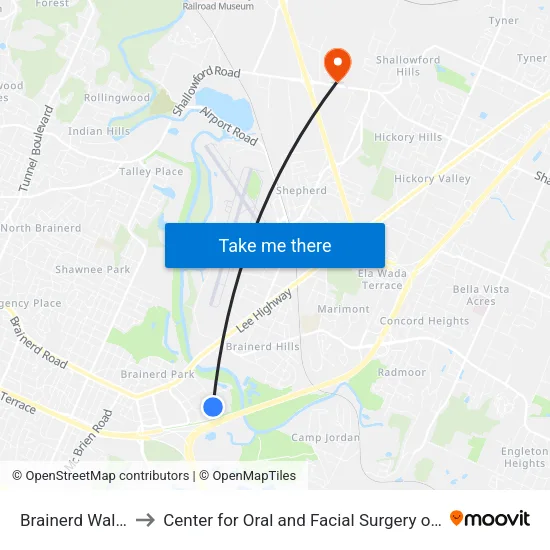 Brainerd Walmart-1 to Center for Oral and Facial Surgery of Chattanooga map