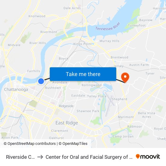 Riverside Center to Center for Oral and Facial Surgery of Chattanooga map