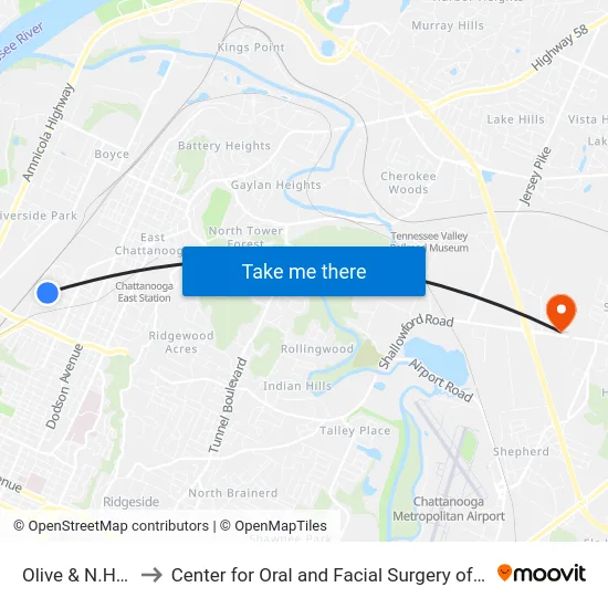 Olive & N.Hickory to Center for Oral and Facial Surgery of Chattanooga map