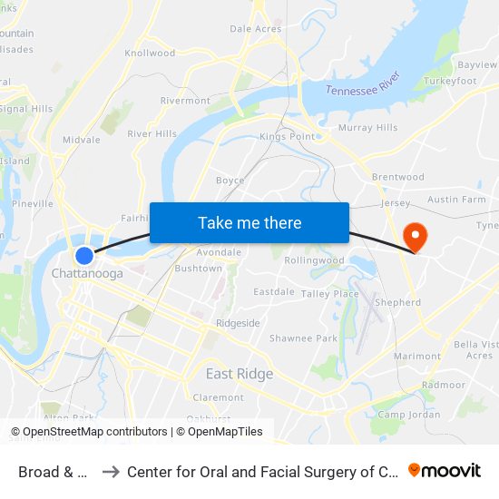 Broad & 3rd 1 to Center for Oral and Facial Surgery of Chattanooga map