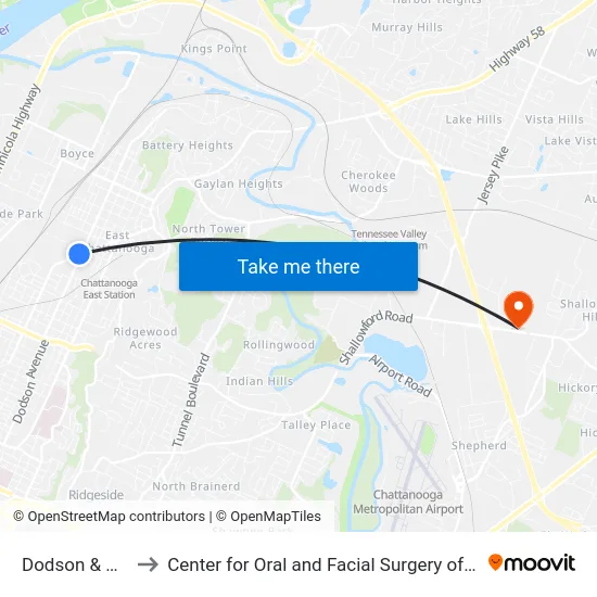 Dodson & Glass1 to Center for Oral and Facial Surgery of Chattanooga map