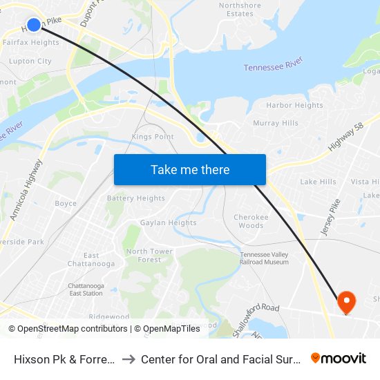 Hixson Pk & Forrest Highland-1 to Center for Oral and Facial Surgery of Chattanooga map