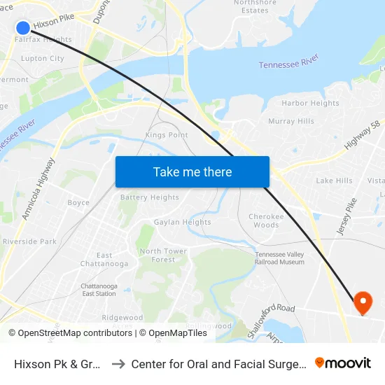 Hixson Pk & Grace Bible-1 to Center for Oral and Facial Surgery of Chattanooga map