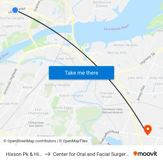 Hixson Pk & Highland-1 to Center for Oral and Facial Surgery of Chattanooga map