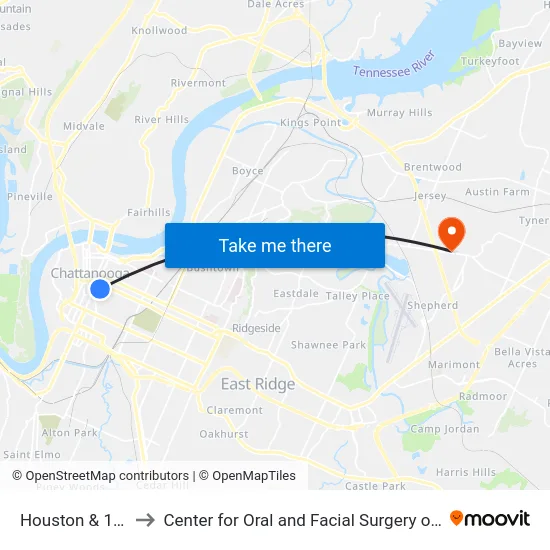 Houston & 10th-1-0 to Center for Oral and Facial Surgery of Chattanooga map