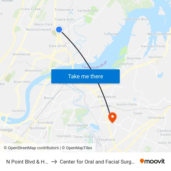 N Point Blvd & Home Depot to Center for Oral and Facial Surgery of Chattanooga map