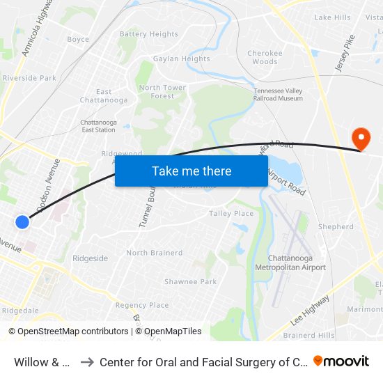 Willow & 3rd-1 to Center for Oral and Facial Surgery of Chattanooga map