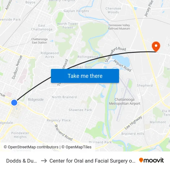 Dodds & Duncan-1 to Center for Oral and Facial Surgery of Chattanooga map