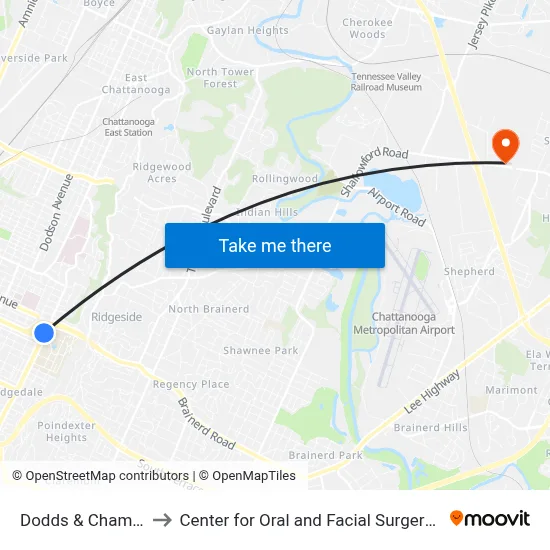 Dodds & Chamberlain-1 to Center for Oral and Facial Surgery of Chattanooga map