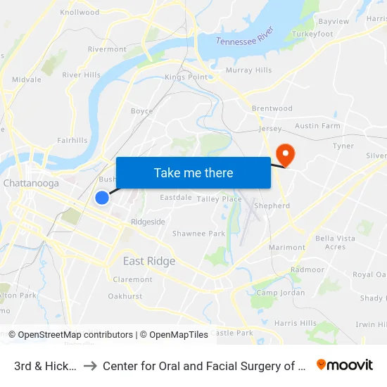 3rd & Hickory-1 to Center for Oral and Facial Surgery of Chattanooga map