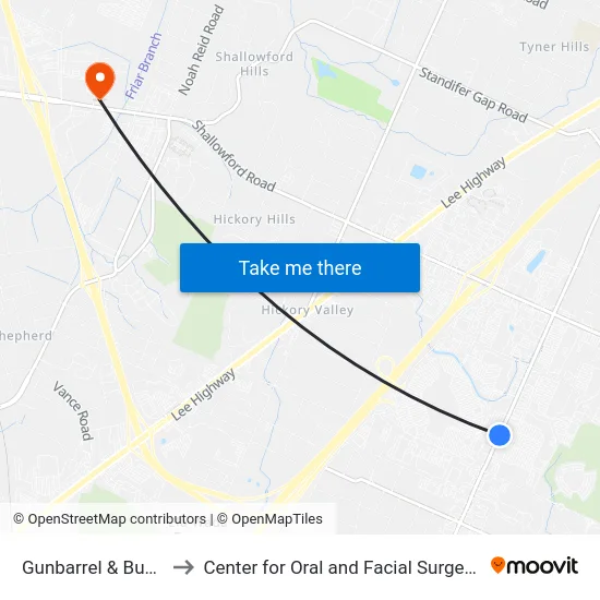 Gunbarrel & Bus Shelter-1 to Center for Oral and Facial Surgery of Chattanooga map