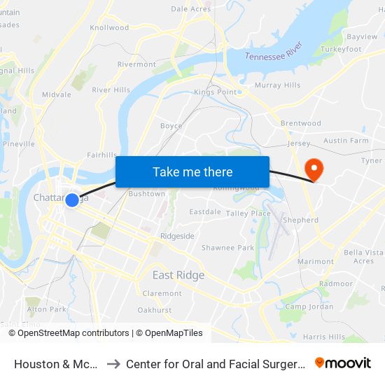Houston & Mccallie Ave to Center for Oral and Facial Surgery of Chattanooga map