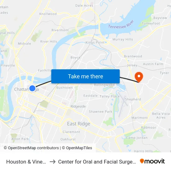 Houston & Vine Street 1-0 to Center for Oral and Facial Surgery of Chattanooga map