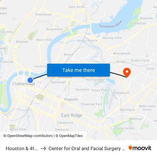 Houston & 4th Street to Center for Oral and Facial Surgery of Chattanooga map