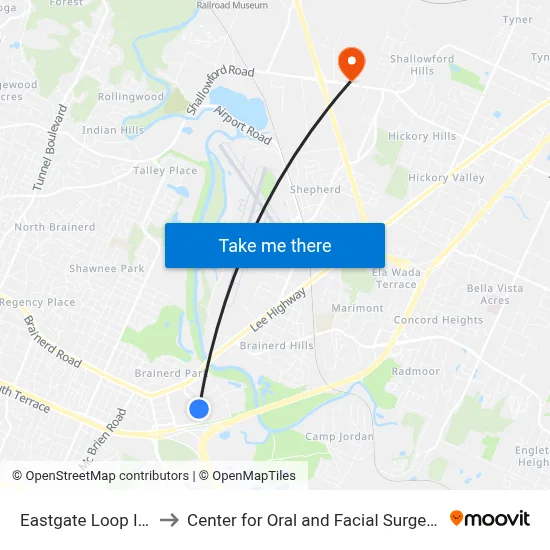 Eastgate Loop Ib 1st Stop to Center for Oral and Facial Surgery of Chattanooga map