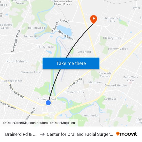 Brainerd Rd & Belaire Dr to Center for Oral and Facial Surgery of Chattanooga map