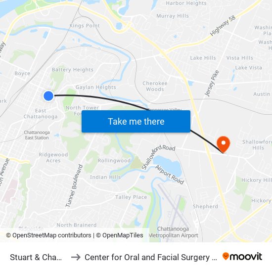 Stuart & Chamberlain to Center for Oral and Facial Surgery of Chattanooga map