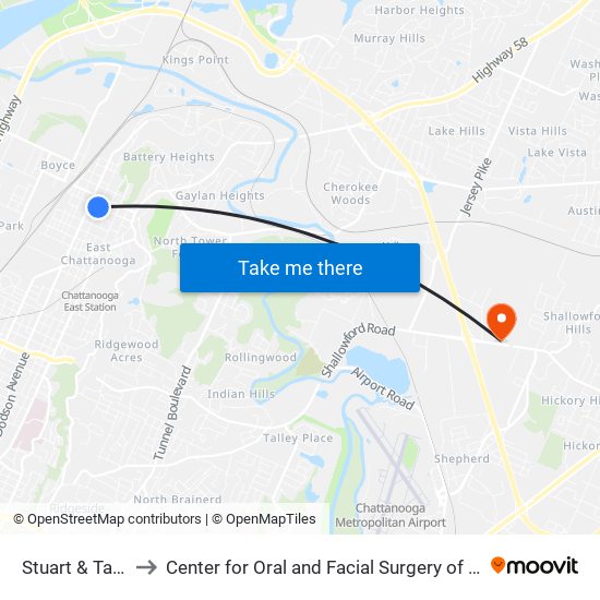 Stuart & Taylor-1 to Center for Oral and Facial Surgery of Chattanooga map