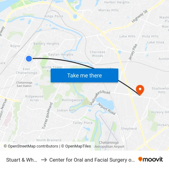 Stuart & Wheeler-1 to Center for Oral and Facial Surgery of Chattanooga map