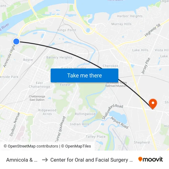 Amnicola & Pepsi 0 to Center for Oral and Facial Surgery of Chattanooga map