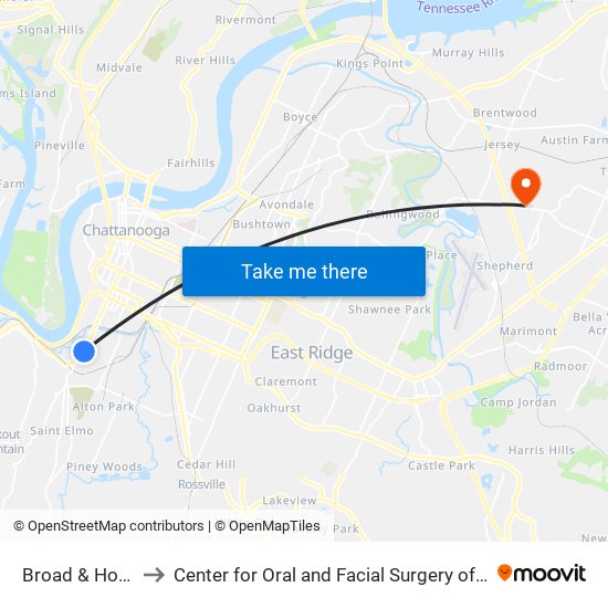 Broad & Hornes-0 to Center for Oral and Facial Surgery of Chattanooga map