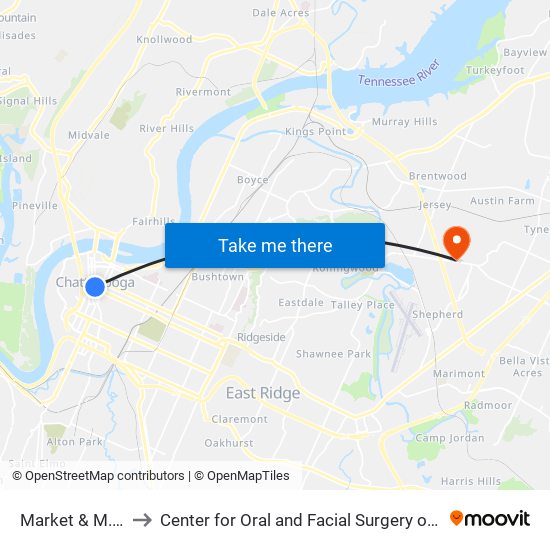 Market & M.L.King to Center for Oral and Facial Surgery of Chattanooga map