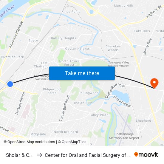 Sholar & Carta 0 to Center for Oral and Facial Surgery of Chattanooga map