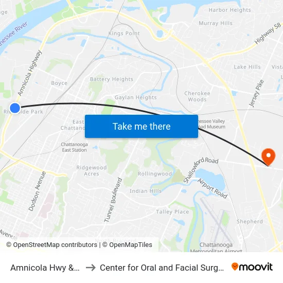 Amnicola Hwy & Crutchfield to Center for Oral and Facial Surgery of Chattanooga map