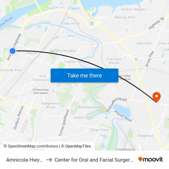 Amnicola Hwy & Stuart to Center for Oral and Facial Surgery of Chattanooga map