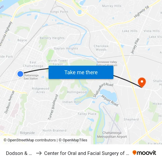 Dodson & Bragg to Center for Oral and Facial Surgery of Chattanooga map