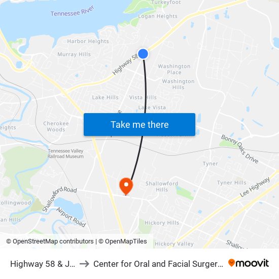 Highway 58 & Jersay 1-0 to Center for Oral and Facial Surgery of Chattanooga map