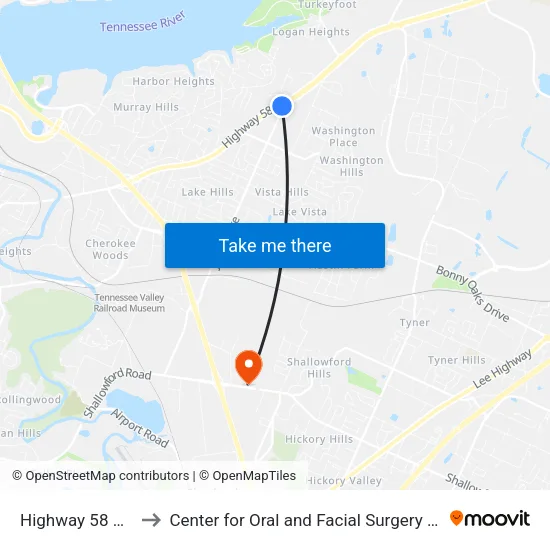 Highway 58 & Jersey to Center for Oral and Facial Surgery of Chattanooga map
