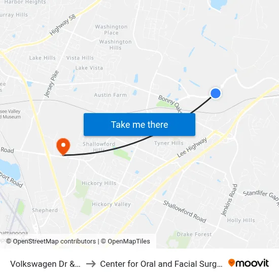 Volkswagen Dr & Erlanger-Ss to Center for Oral and Facial Surgery of Chattanooga map