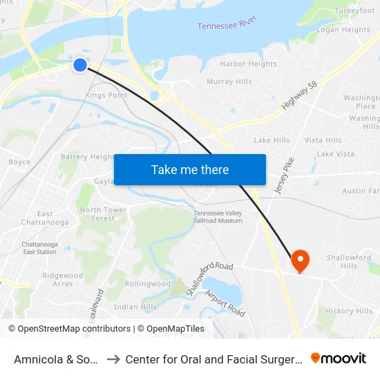 Amnicola & South Creek to Center for Oral and Facial Surgery of Chattanooga map