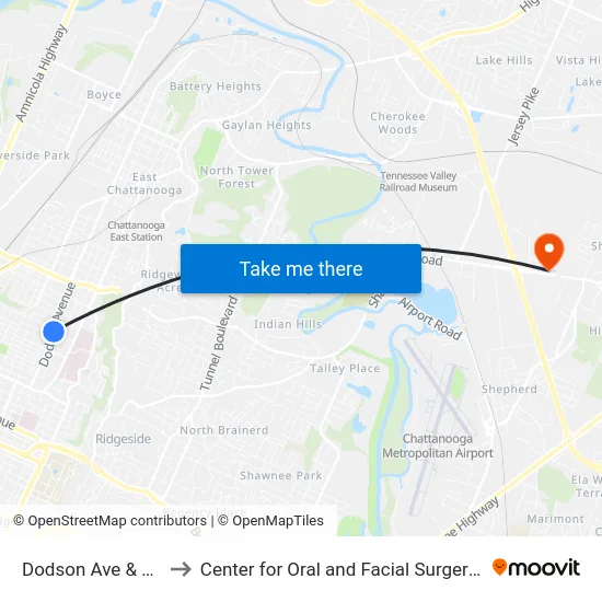 Dodson Ave & Milne St-0 to Center for Oral and Facial Surgery of Chattanooga map