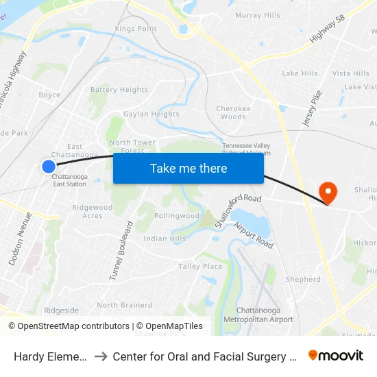 Hardy Elementary-0 to Center for Oral and Facial Surgery of Chattanooga map