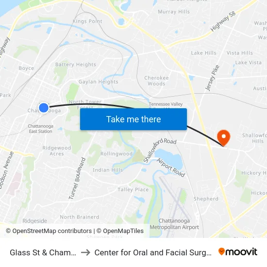 Glass St & Chamberlain St-0 to Center for Oral and Facial Surgery of Chattanooga map