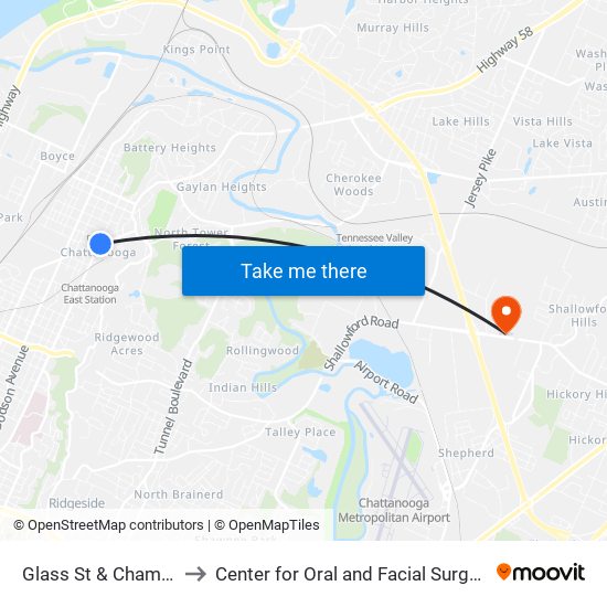 Glass St & Chamberlain St-1 to Center for Oral and Facial Surgery of Chattanooga map