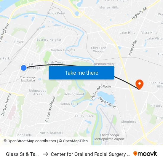 Glass St & Taylor St-1 to Center for Oral and Facial Surgery of Chattanooga map