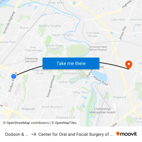 Dodson & Laura to Center for Oral and Facial Surgery of Chattanooga map