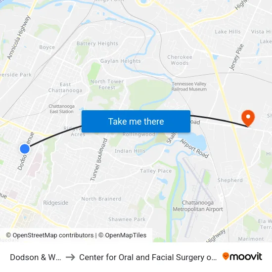 Dodson & Windsor to Center for Oral and Facial Surgery of Chattanooga map