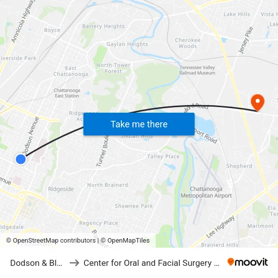 Dodson & Blackford to Center for Oral and Facial Surgery of Chattanooga map