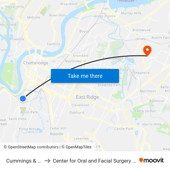 Cummings & Broad-1 to Center for Oral and Facial Surgery of Chattanooga map