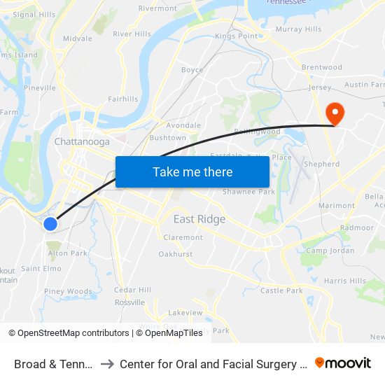 Broad & Tennessee-0 to Center for Oral and Facial Surgery of Chattanooga map