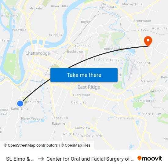 St. Elmo & 44th1 to Center for Oral and Facial Surgery of Chattanooga map