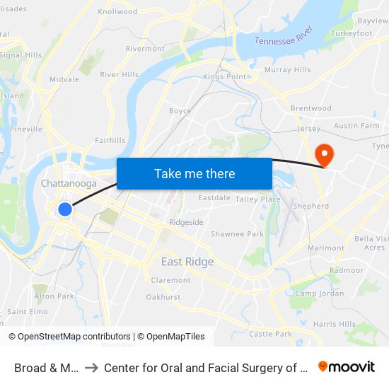 Broad & Main-0 to Center for Oral and Facial Surgery of Chattanooga map